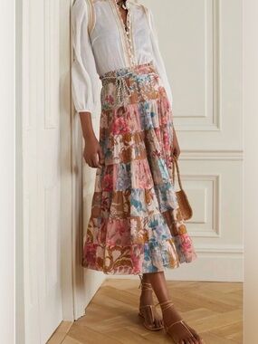 Zimmermann Multicolor Tiered Floral Midi Skirt